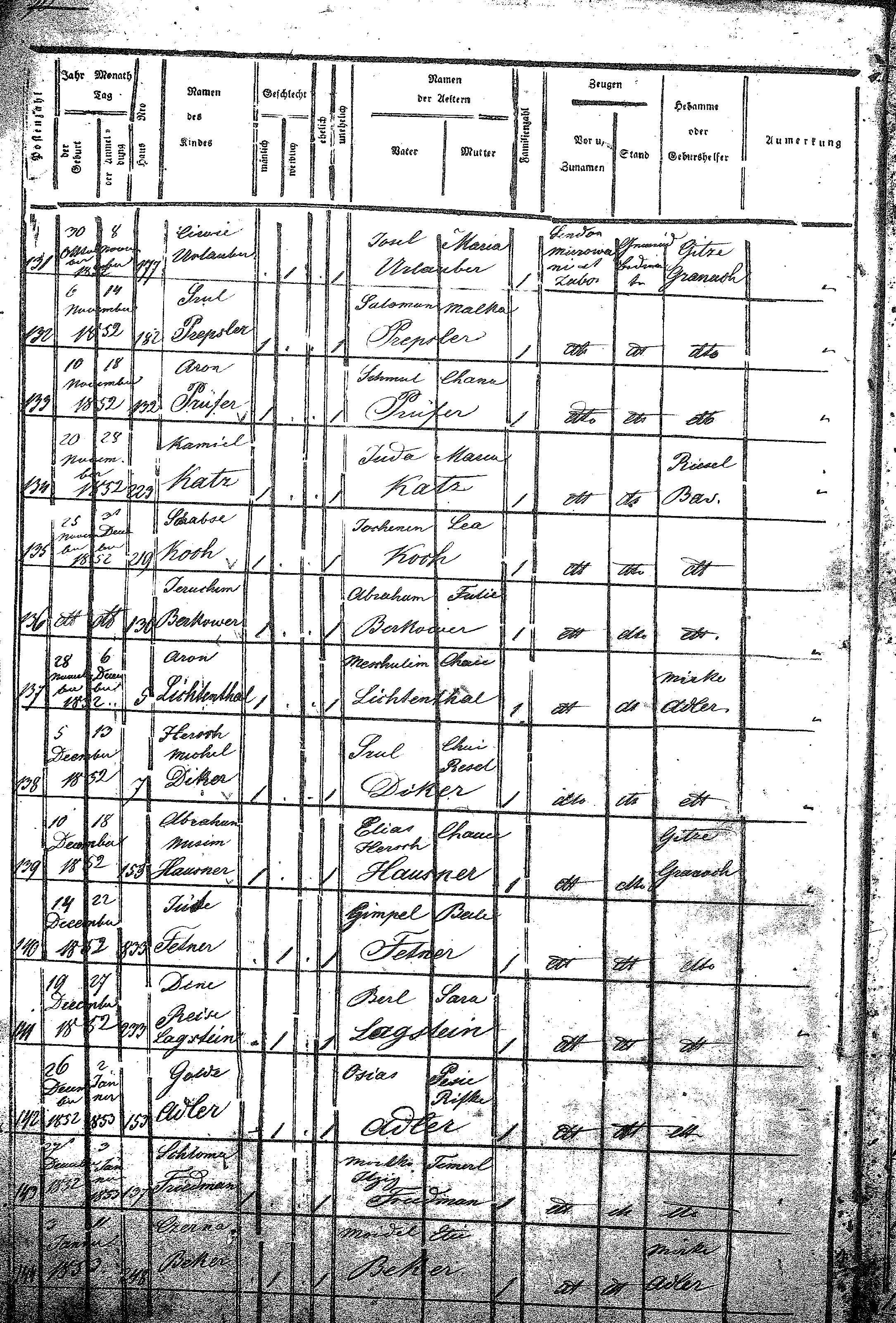 1852 Horodenka Birth Records