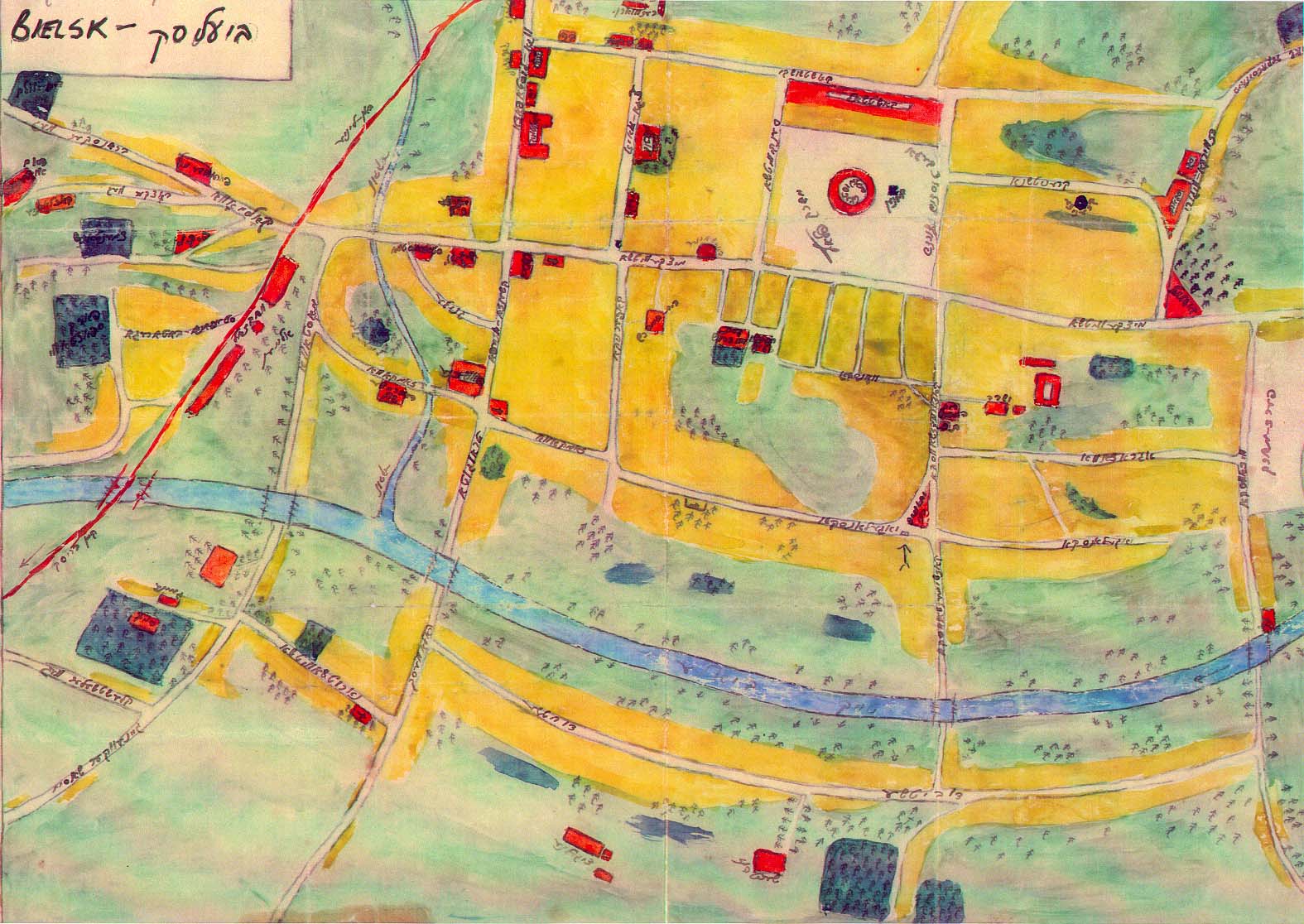 Hand drawn water color map of Bielsk Podlaski by Libe and Bashe Kleszczelski