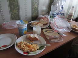 Dining in hotel room with food from grocery store (certainly beat no dinner at all!)