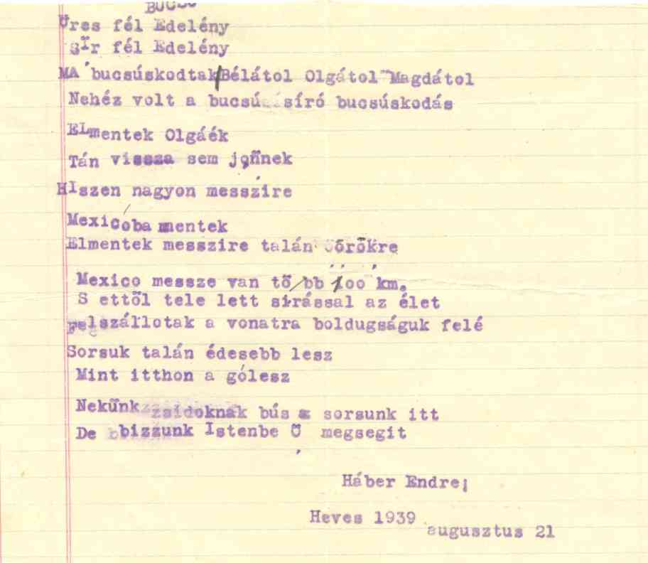 Haber poem in Hungarian, August 21, 1938