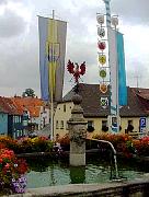 Flags and Fountain, center of town