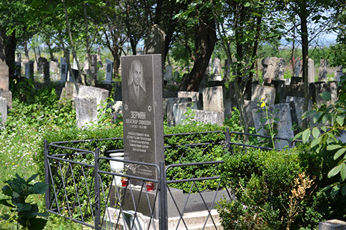 Portrait gravestone within a metal enclosure