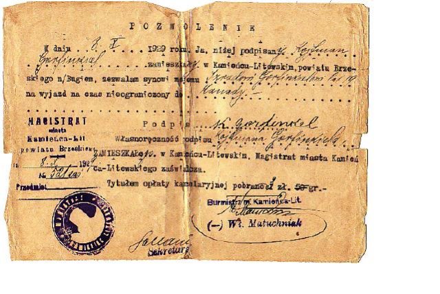Israel Gorfinkel's travel document from Kamenets to Canada, 1929