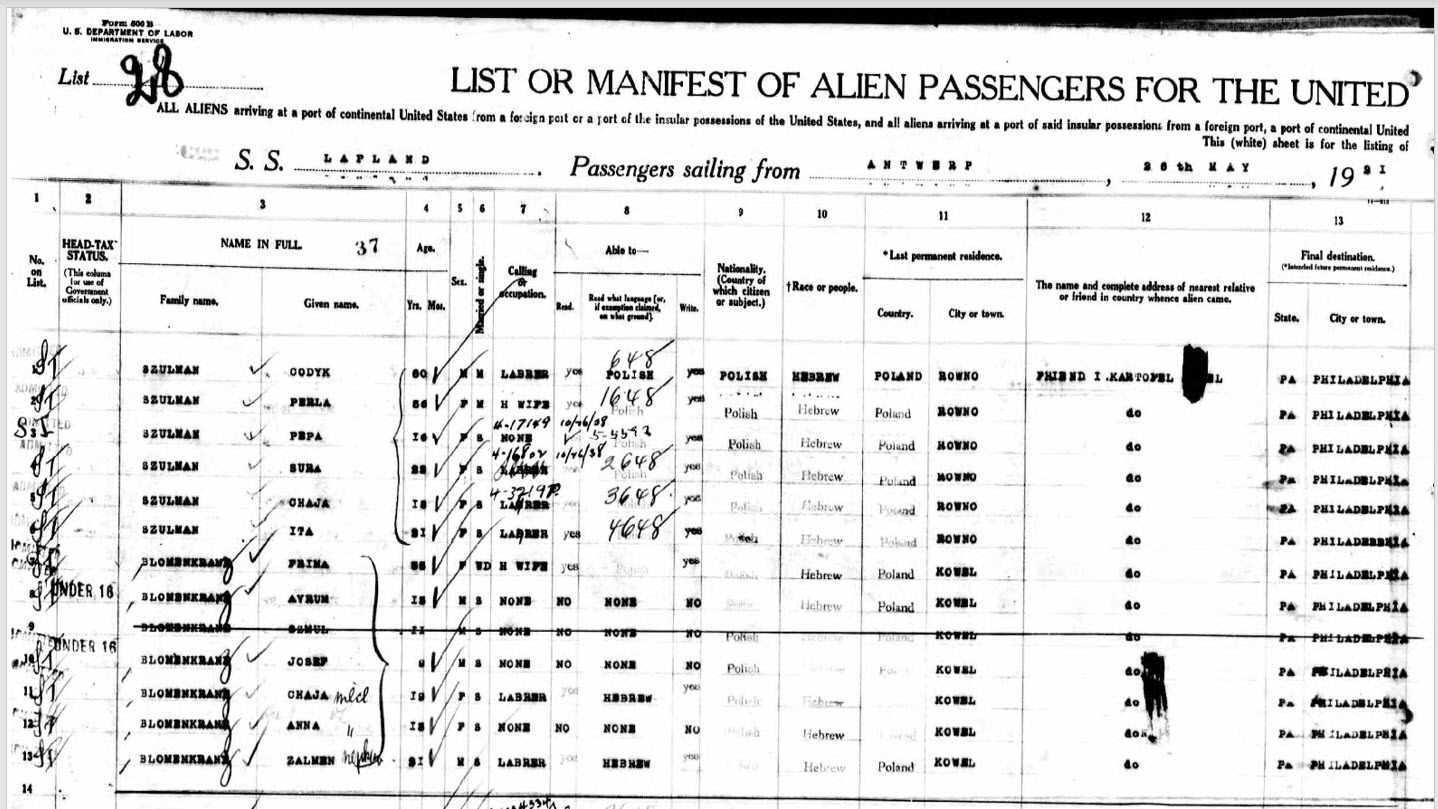 Shulman 1921 Passenger Manifest