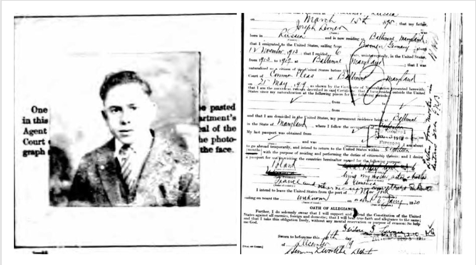 Itzig Lerner 1919 Passport Application