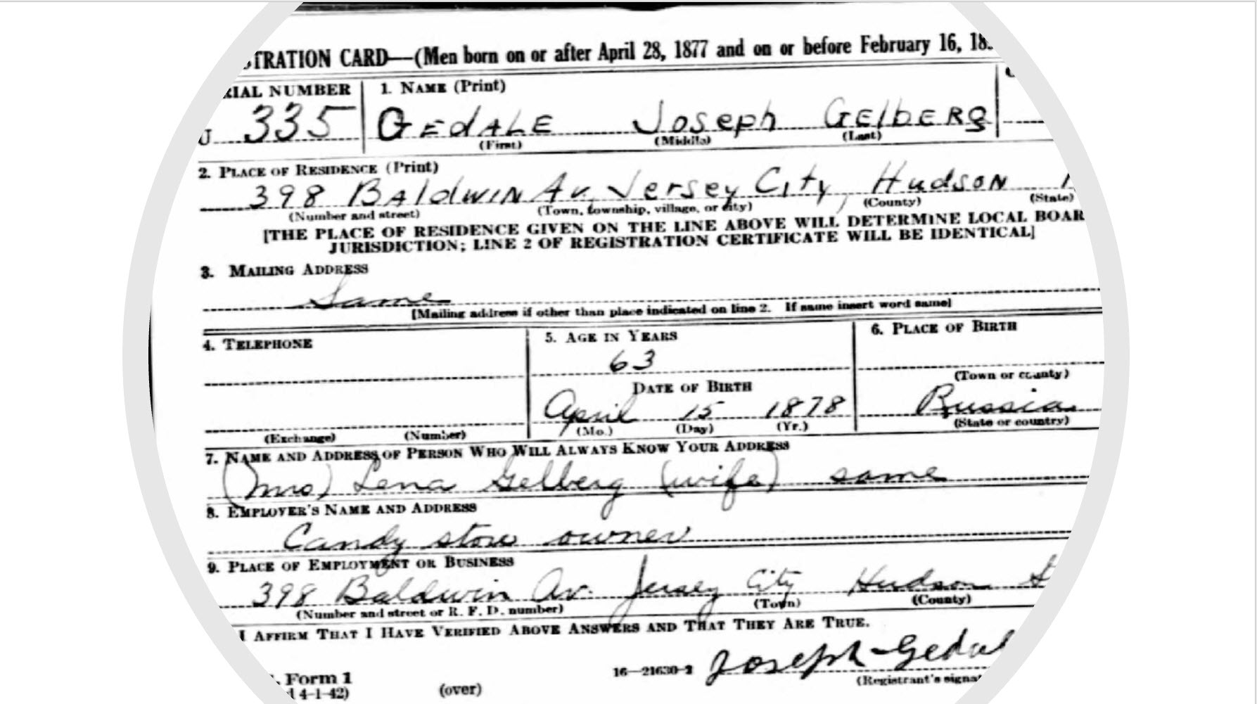 Joseph (Gedale) Gelberg 1942 Draft Registration