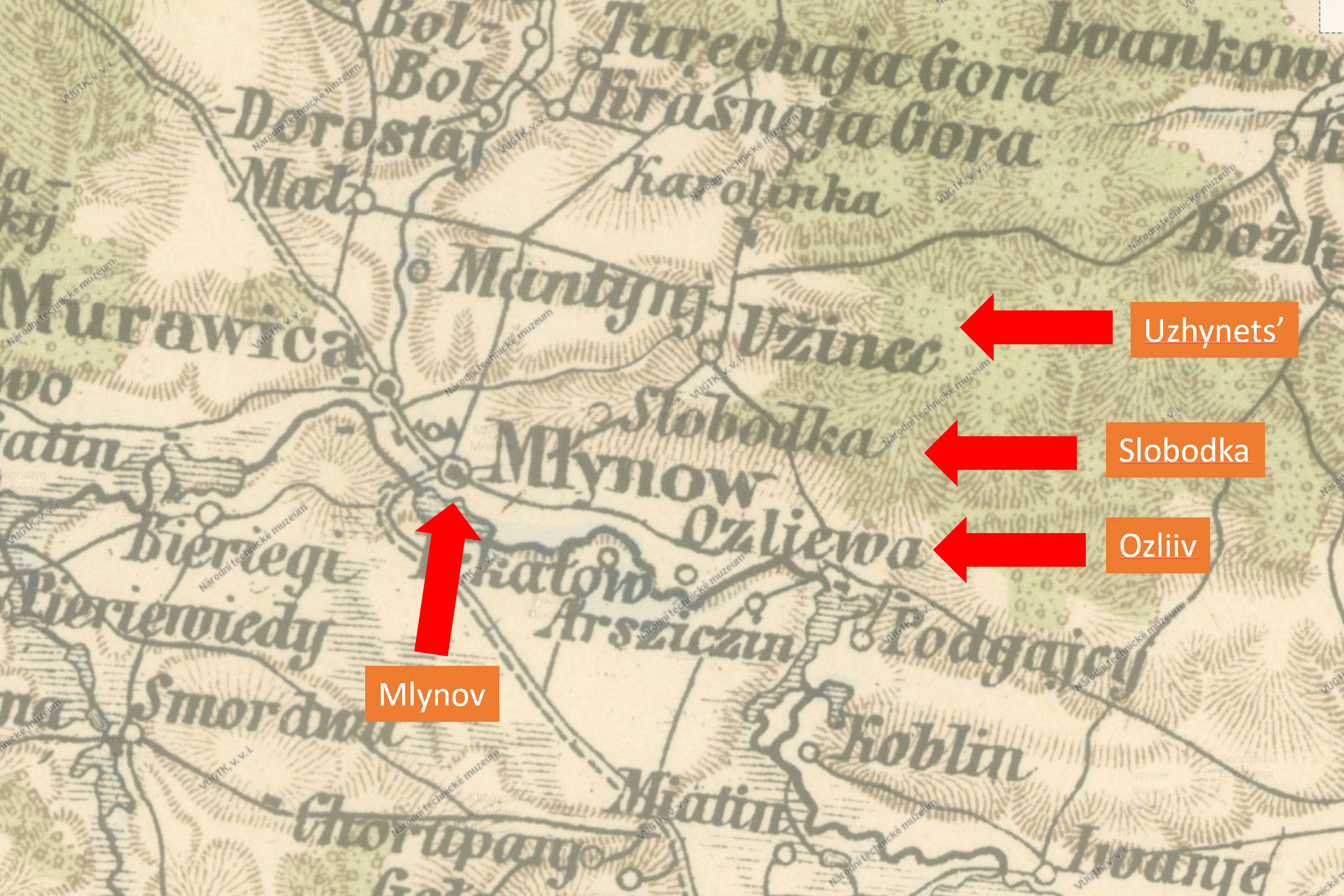 Old map of Mlynov