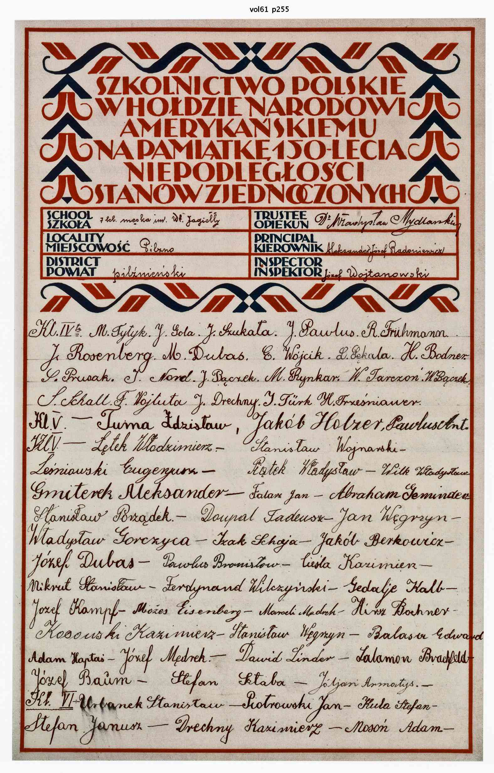 Signatures from the grammar schools in Pilzno, page 1