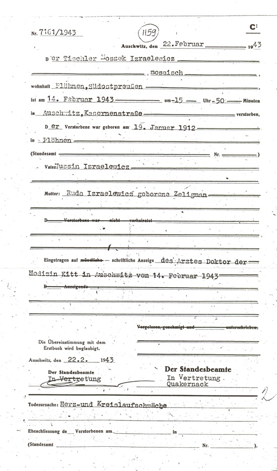 Death Certificate Auschwitz Moshe Izraelowicz