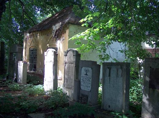A small building behind rows of headstones