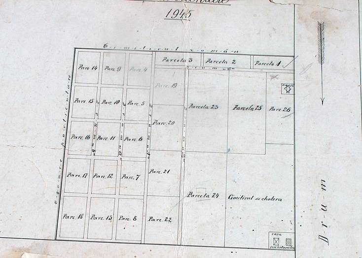 Hand-drawn general plan of the cemetery parcels, 1945