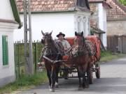 A horse-drawn cart on a village road