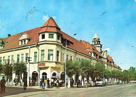 Postcard of a large corner building with a tower on a tree-lined street, Rădăuţi