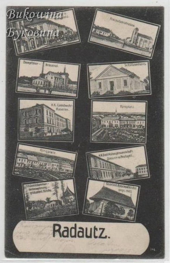 Ten small photos on a black card: brewery, shooting club hall, barracks, main square, district office and an old wooden-roofed church