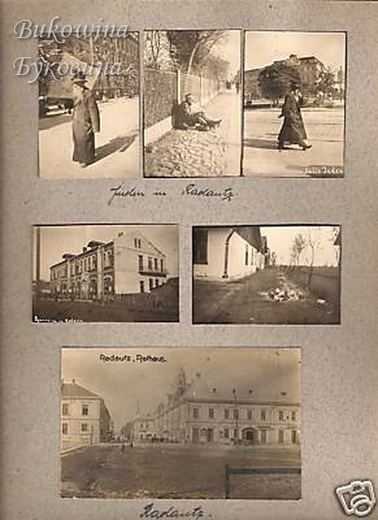 Album page of six photos: men in long coats walking and sitting on a street, buildings, and the town hall on a broad square