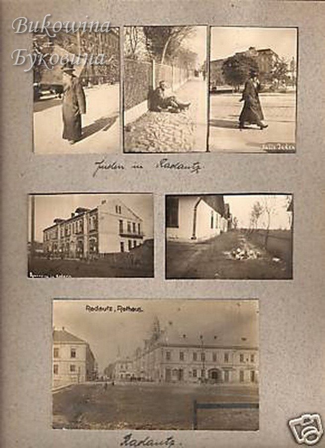Album page of six photos: men in long coats walking and sitting on a street, buildings, and the town hall on a broad square