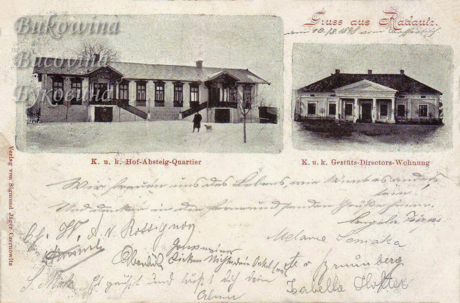 A long house with outside stairs in snow with a man and dog, and a residence with a columned portico; signatures below