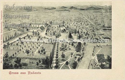 Drawn bird's-eye view of the town: orchards, a park with curving paths, a church, long streets and hills on the horizon