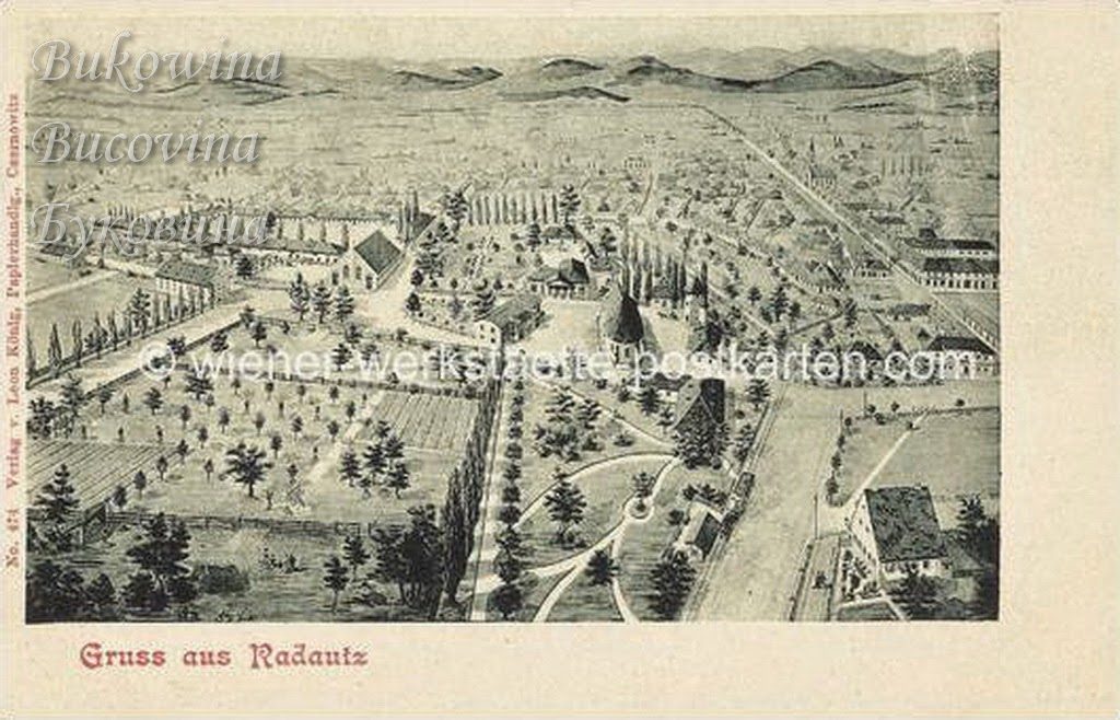 Drawn bird's-eye view of the town: orchards, a park with curving paths, a church, long streets and hills on the horizon