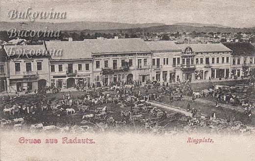 Market square crowded with horse carts before a row of two-storey shops, with hills on the horizon