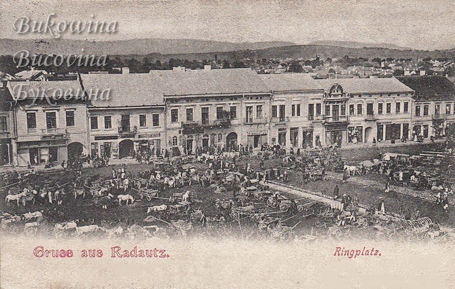 Market square crowded with horse carts before a row of two-storey shops, with hills on the horizon