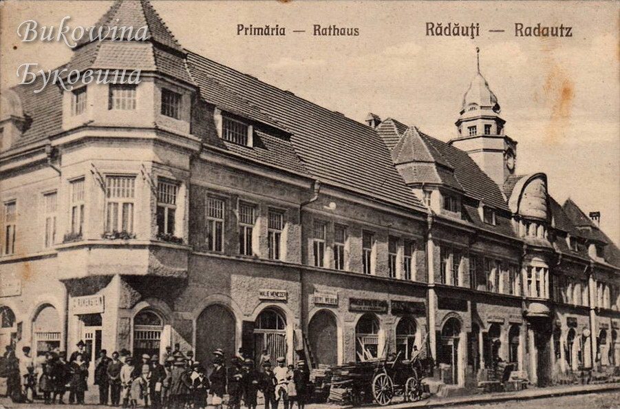 Town hall with a domed clock tower, a crowd of people and a cart stacked with timber in front of the shops