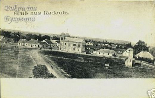 Wide view over fields and low houses to a large twin-towered synagogue, with a road curving in the foreground