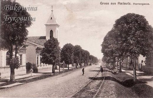 Tree-lined street with a railway track along it, a white church tower at left and a few pedestrians