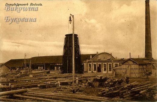 Sawmill yard with piles of logs, a tall chimney, a wooden tower and long low sheds, workers among the timber