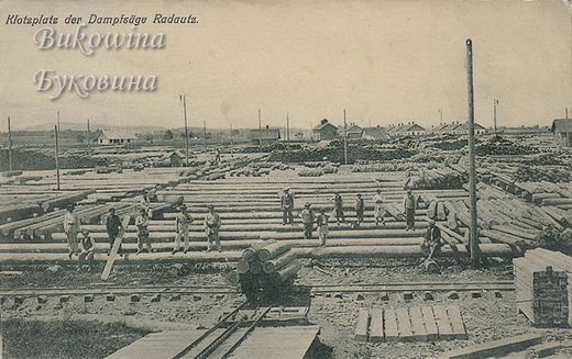 Vast yard of stacked logs with rail tracks in front and workers standing on the timber, houses on the horizon