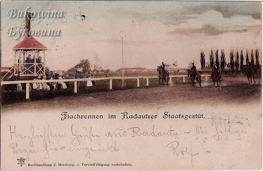 Coloured view of riders on a racecourse, spectators along a white rail and a raised wooden judges' stand