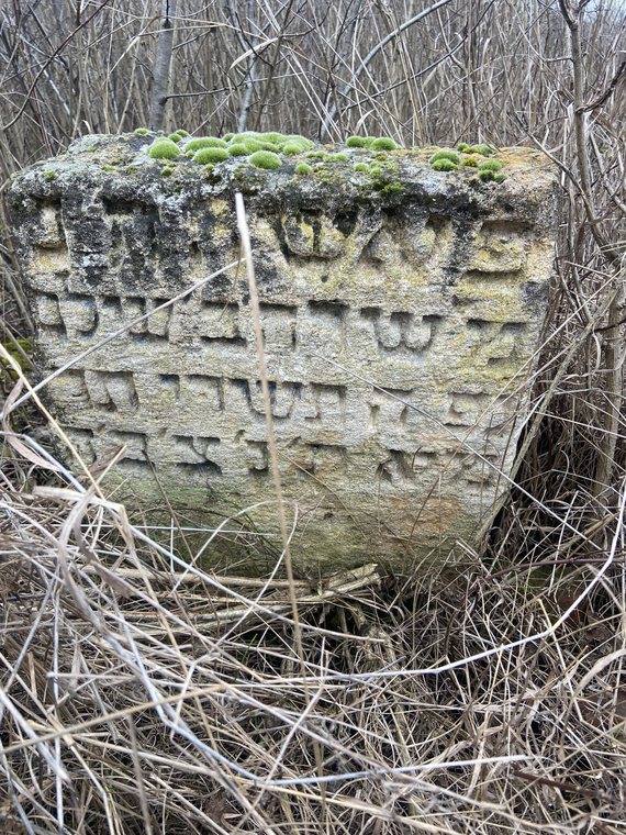 Partly sunken Hebrew matzevah in the Old Cemetery at Savran