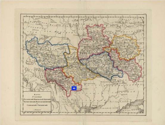 Early nineteenth-century map showing Savran within Podolia guberniya