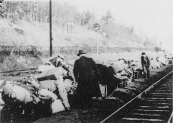 German officials examine the pile of abandoned luggage