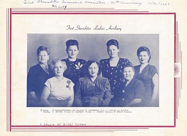 The First Stavishter Ladies Auxiliary, New York, 1947. (L-R, seated): Z. Trachtenberg, E. Lepowsky, C. Atlas; (L-R, standing): C. Moser, G. Kansky, L. Moser, R. Wolf. This photo was taken in celebration of the group's 30th Anniversary. <em>Photo submitted by Clara Simon Mattes.</em>