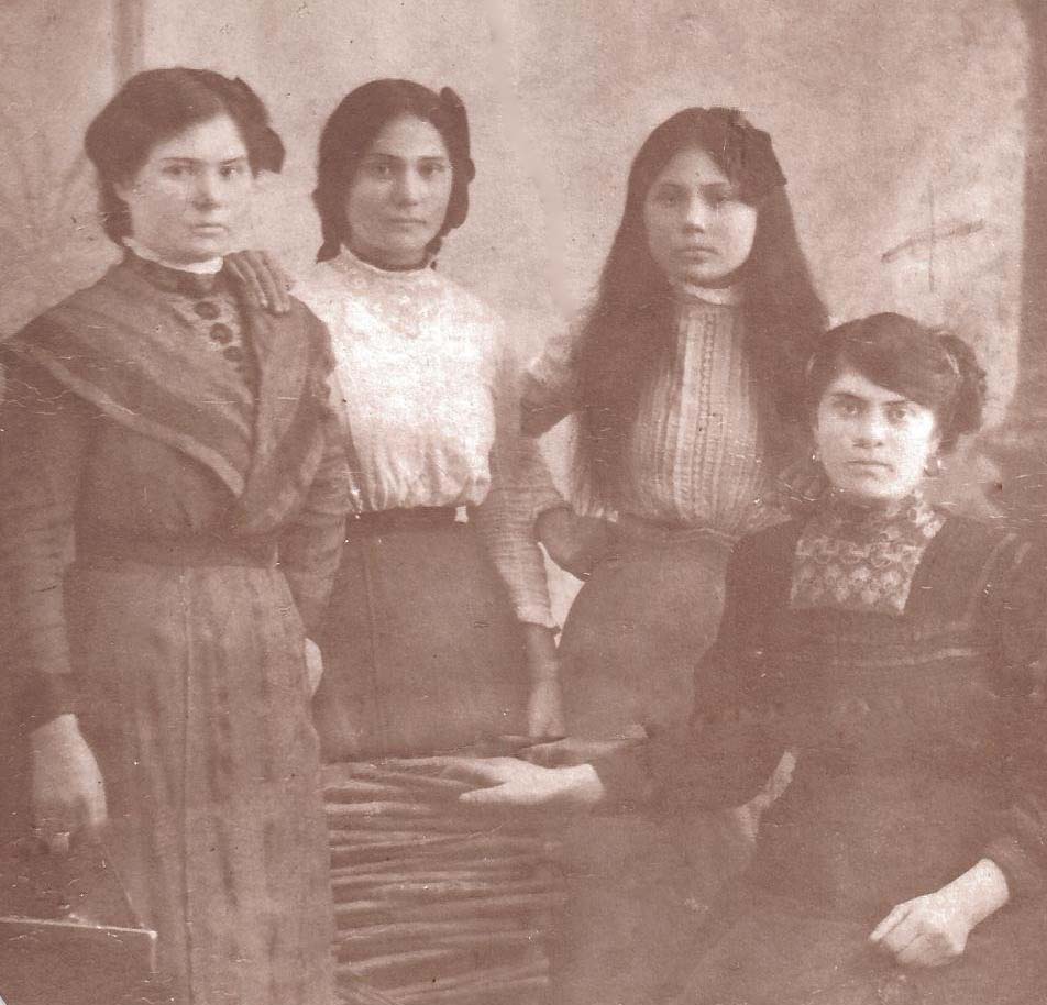 Sisters Shiva, Rosa, Piya Caprove (standing) and their sister-in-law Rebecca Cutler Caprove (seated). The sisters are the orphaned grandaughters of Rabbi Meer Caprove of Stavisht. Stavisht, 1911. <em>Photo submitted by Lisa Brahin Weinblatt.</em>