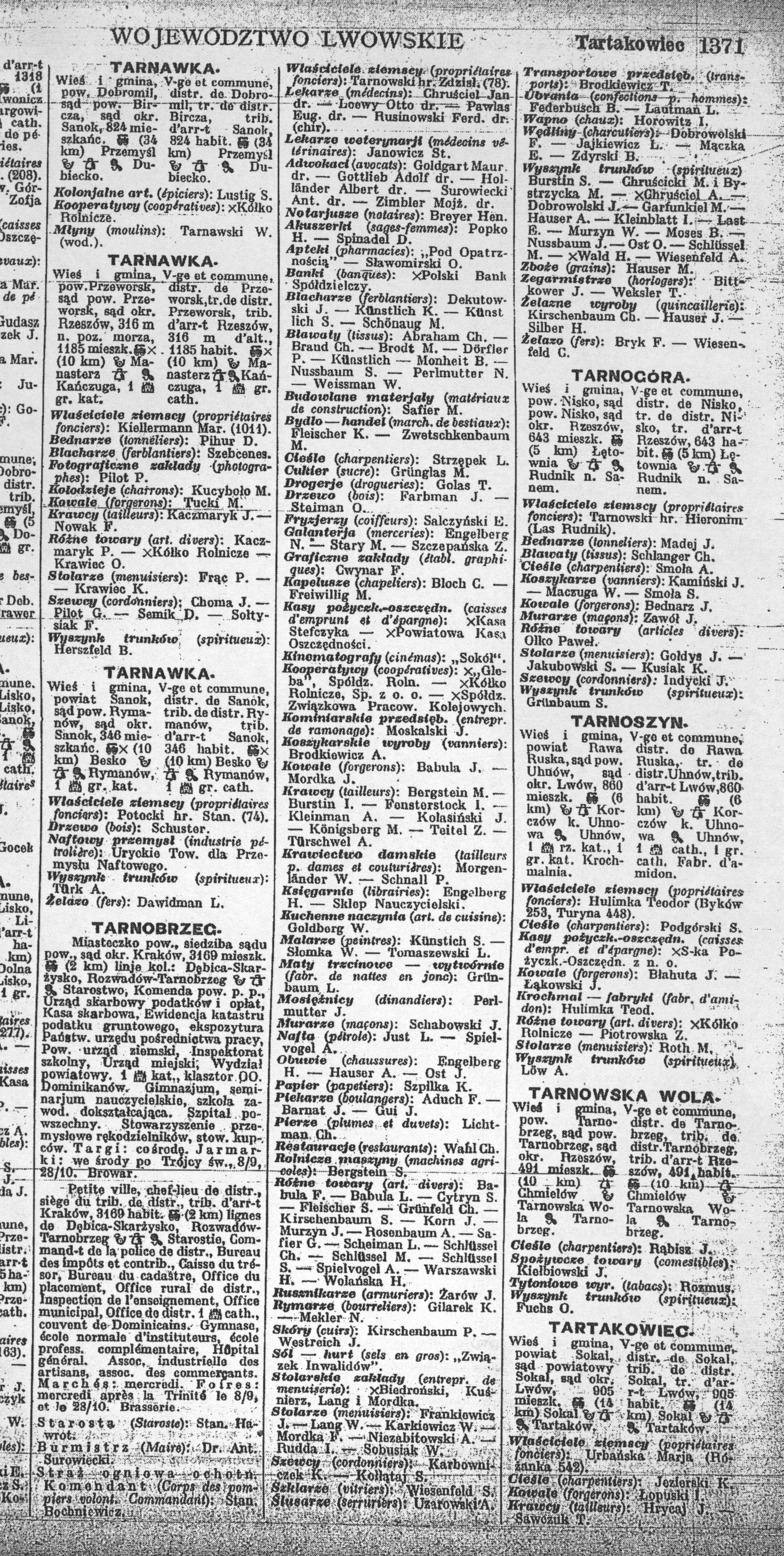 A Tarnobrzeg business-directory page from 1926–1927, a later documentary counterpart to the shops, trades and workshops remembered in memoirs.