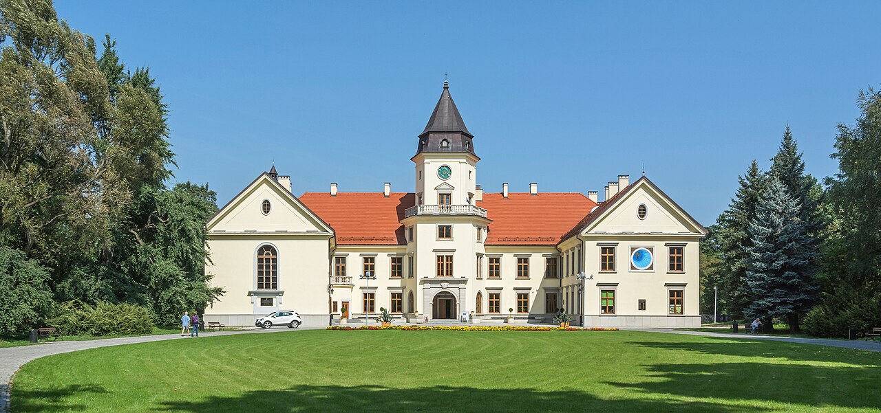 Front view of Dzików Castle, the historic Tarnowski family palace in Tarnobrzeg, Poland
