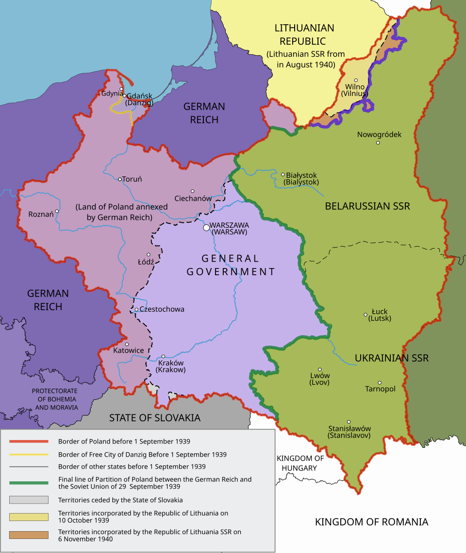 Map showing the German and Soviet partition of Poland after the invasions of September 1939
