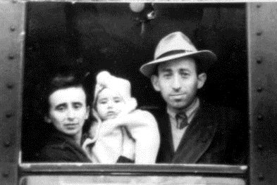 Morris, Regina, and baby Ann Salzberg, leaving Europe post-war