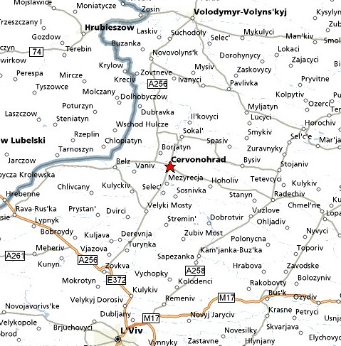 Map of Cervonohrad, Ukraine; Copyright Mapquest