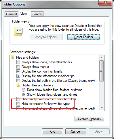 uncheck "hide file
          extensions..."