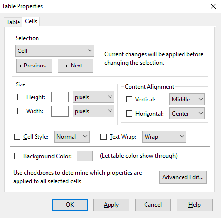 Cell
          properties window
