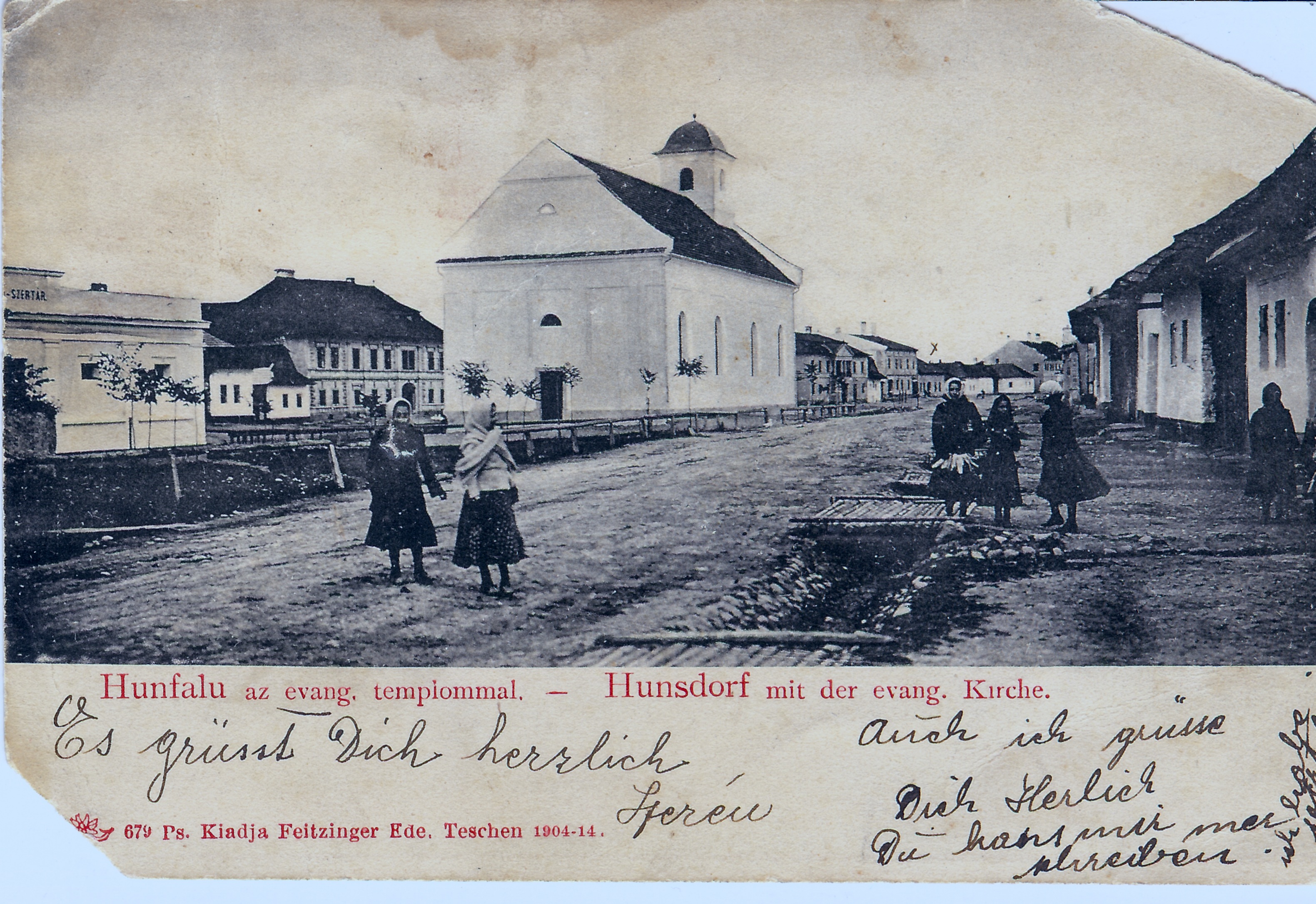 Old Hunsdorf postcard with Evangelical Church