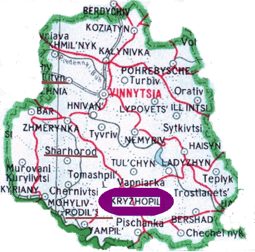 Map of Vinnytsia with location of Kryzhopil' noted