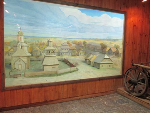 Panorama of old Motol when the large synagogue was across from the churches at the Folk Museum in Motol