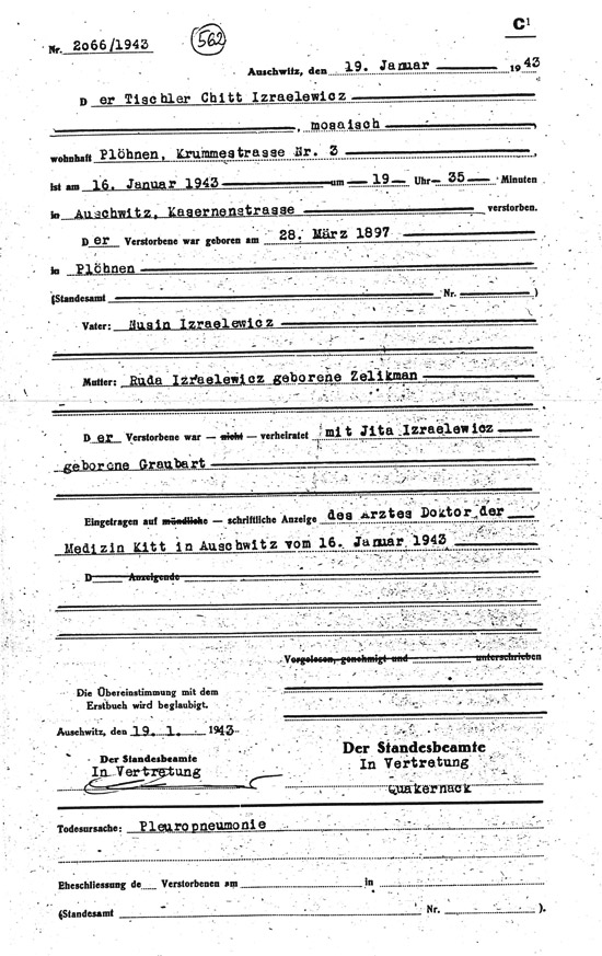 Chitt Izraelewicz death certificate