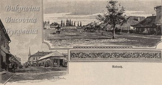 Two engravings: a wide square with a roofed well and a tree, and a street of low shops leading to a church spire