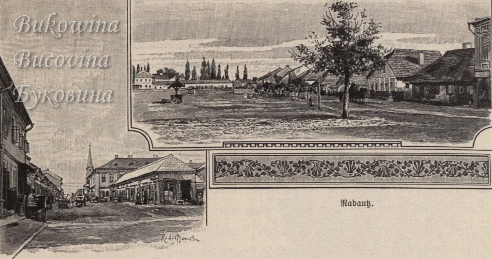 Two engravings: a wide square with a roofed well and a tree, and a street of low shops leading to a church spire