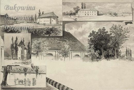 Drawn montage: a church with a steep shingled roof, a long building with arched windows, a tower, and men leading a horse